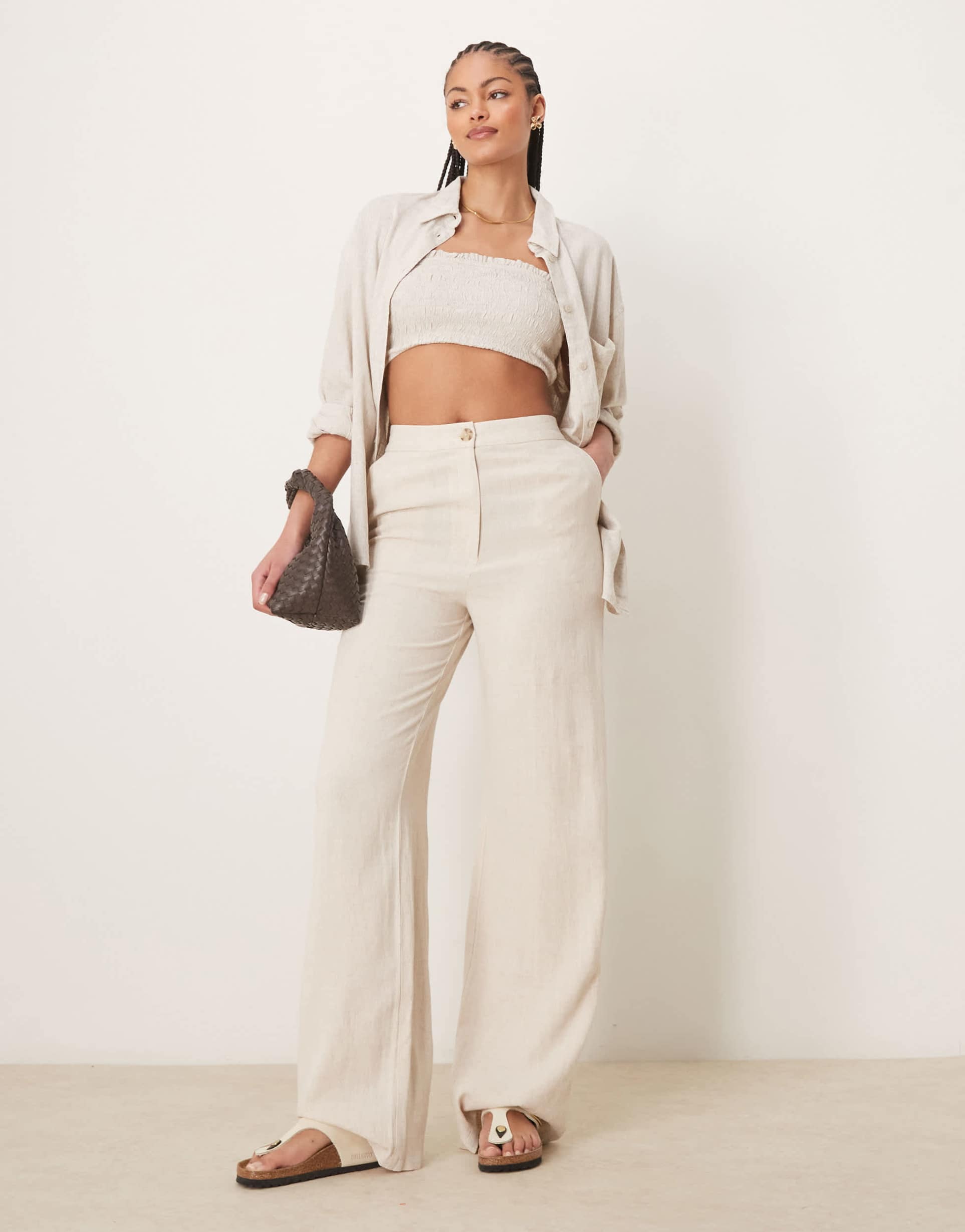 asos design tall relaxed straight leg pants with linen in stone