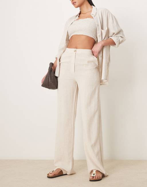 ASOS DESIGN Tall relaxed straight leg pants with linen in stone