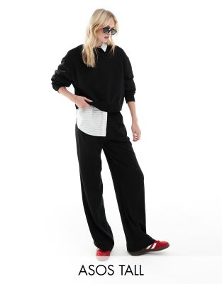 ASOS Tall ASOS DESIGN Tall relaxed straight leg trousers with linen in black