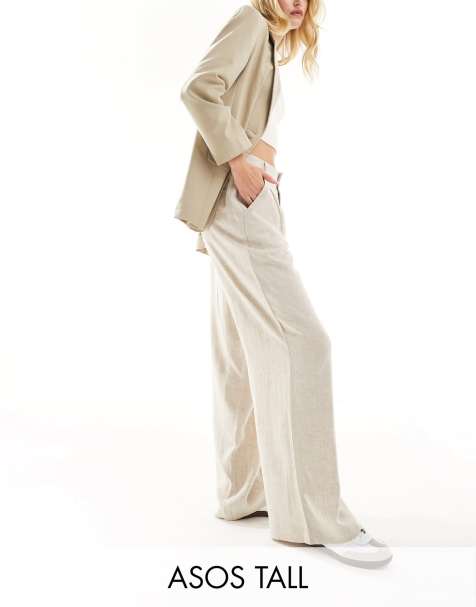 ASOS DESIGN Tall relaxed straight leg trousers with linen in natural - view 1
