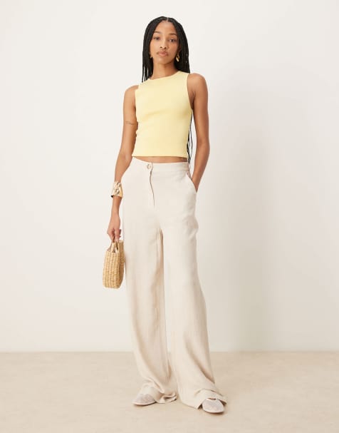 ASOS DESIGN Tall relaxed straight leg trousers with linen in stone - view 1