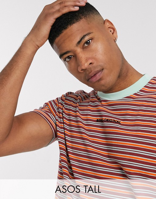ASOS DESIGN Tall relaxed stripe t-shirt with small chest embroidery and contrast neck