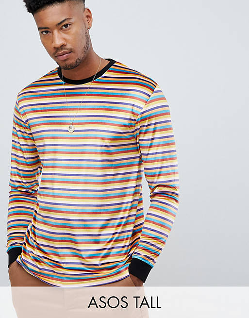 ASOS DESIGN Tall relaxed stripe velour long sleeve t-shirt in