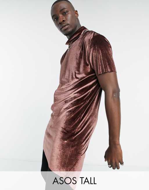 ASOS DESIGN Tall relaxed super longline t shirt with funnel neck in brown velour ASOS