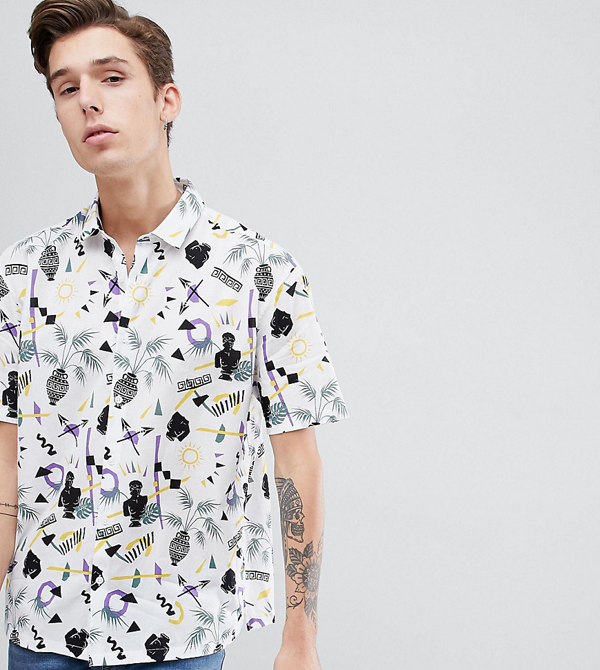 Asos Design Tall Relaxed Vintage Style Print Shirt In White In Neutral