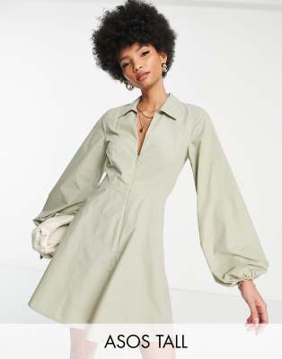 ASOS DESIGN Tall retro mini shirt dress with flare skirt in khaki-Green