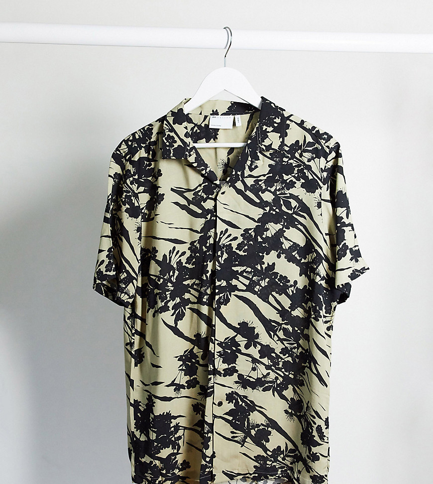 ASOS DESIGN Tall revere collar regular fit shirt in ecru abstract floral print-Cream