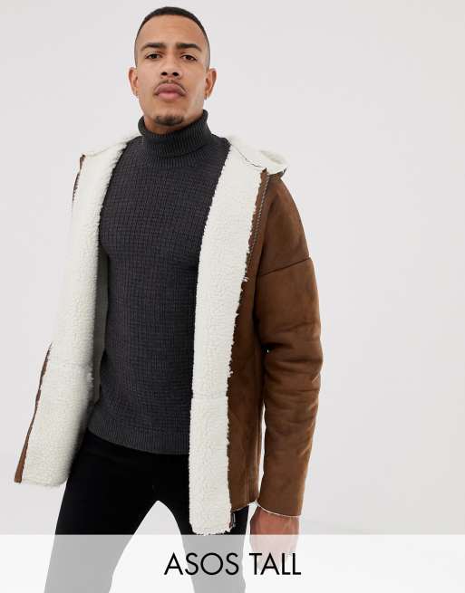 ASOS DESIGN Tall reversible faux shearling jacket with hood in tan | ASOS