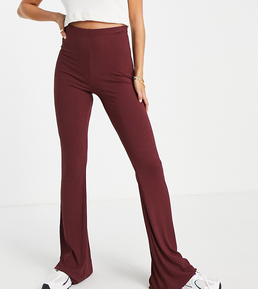 Asos Design Tall Rib Flare Trouser In Oxblood-Red