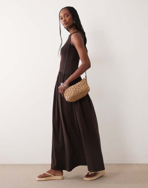 ASOS DESIGN Tall rib knit mix midaxi dress with dropped waist in chocolate - view 1