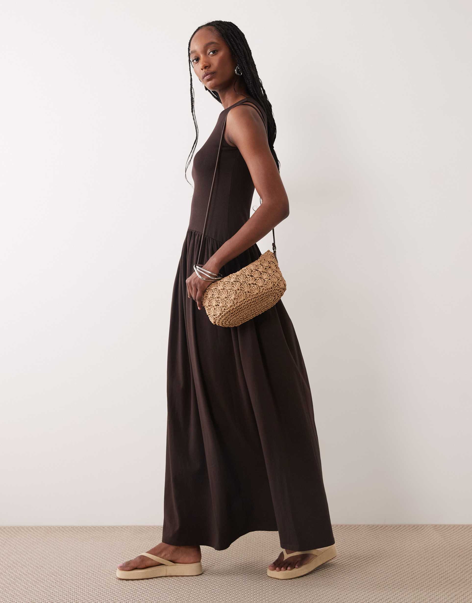 asos design tall rib knit mix midaxi dress with dropped waist in chocolate
