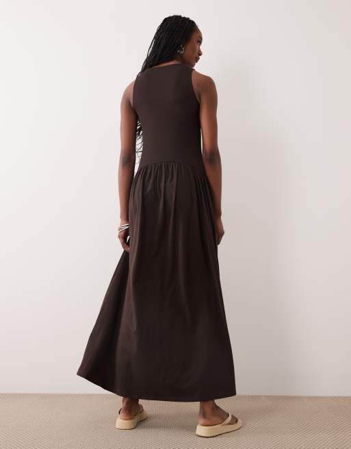 ASOS DESIGN Tall rib mix midi dress with drop waist in chocolate, 2 of 4