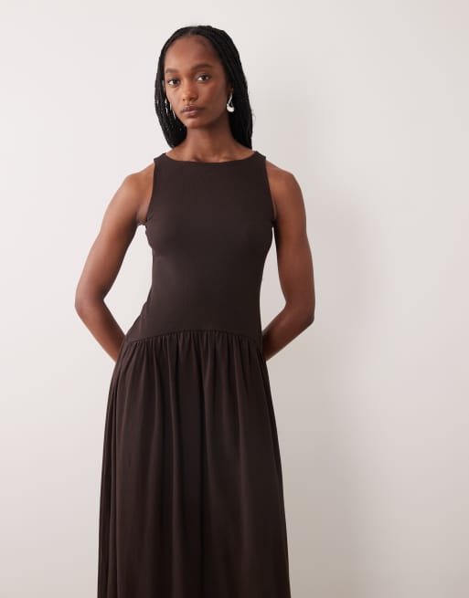 ASOS DESIGN Tall rib mix midi dress with drop waist in chocolate, 4 of 4