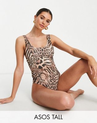 ASOS DESIGN Tall rib scoop swimsuit in leopard animal print