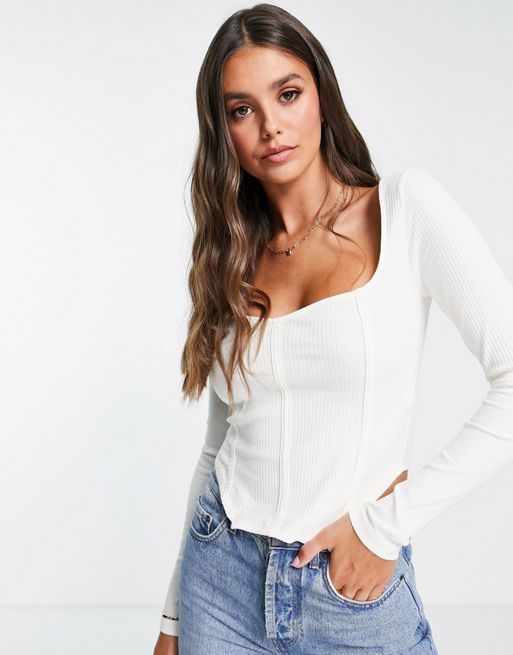 ASOS DESIGN Tall ribbed fitted corset top with ultra wide neck in ecru