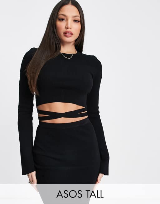 ASOS DESIGN Tall ribbed knitted top with tie waist detail in black - part of a set