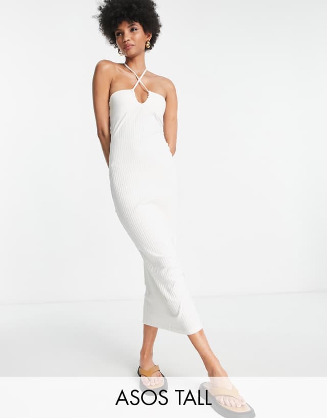 ASOS DESIGN Tall ribbed midi dress with halter neck tie in white