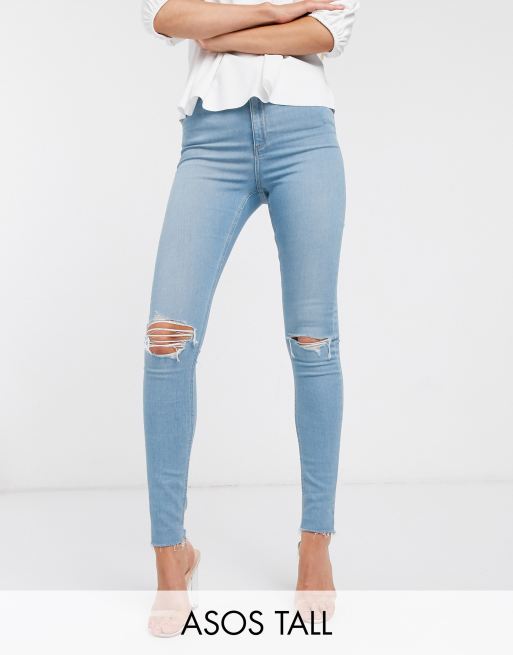 ASOS DESIGN Tall - Ridley - Jean skinny à taille haute et déchirures - Bleu vif délavé