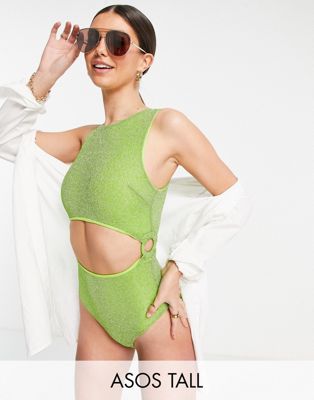 ASOS DESIGN Tall ring side swimsuit in green glitter - ASOS Price Checker