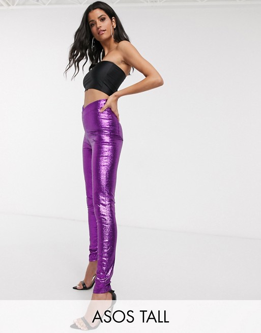 ASOS DESIGN Tall Rivington high waist jeggings with V front in glitter in purple