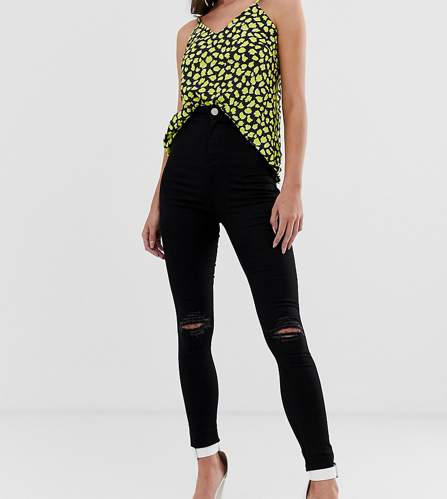ASOS DESIGN Tall Rivington high waisted jeggings with frayed knee rip detail-Black
