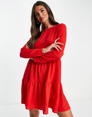 Robes DESIGN Tall - Robe babydoll courte à manches longues et volants étagés - Rouge