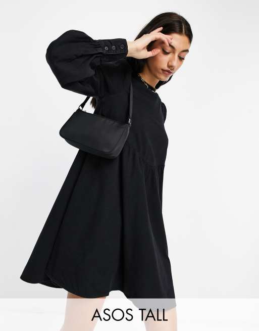 ASOS DESIGN Tall - Robe babydoll en denim doux à manches bouffantes - Noir délavé