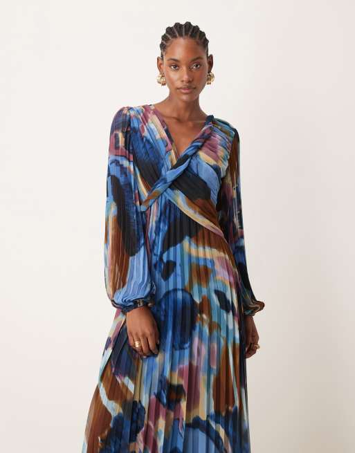 ASOS DESIGN Tall - Robe cache-cœur mi-longue plissée à imprimé abstrait et détails torsadés - Bleu marine, 2 de 4