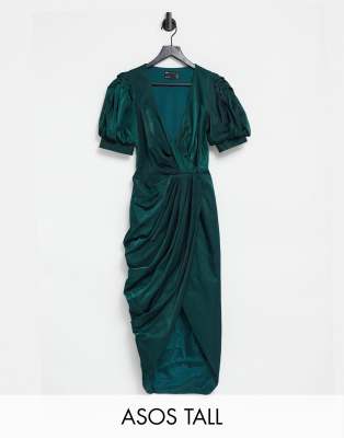 ASOS DESIGN Tall - Robe cache-cœur mi-longue structurée et drapée avec manches bouffantes