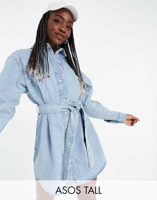 ASOS DESIGN Tall Robe chemise oversize en jean avec ceinture Reflets verts