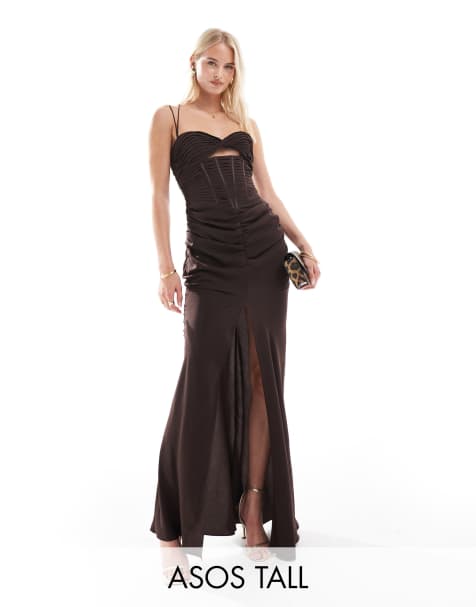 ASOS DESIGN Tall - Robe corset longue froncée à lanières - Marron chocolat - view 1