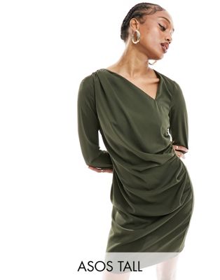 ASOS DESIGN Tall asymmetric neck ruched sleeve mini dress in khaki - ASOS Price Checker