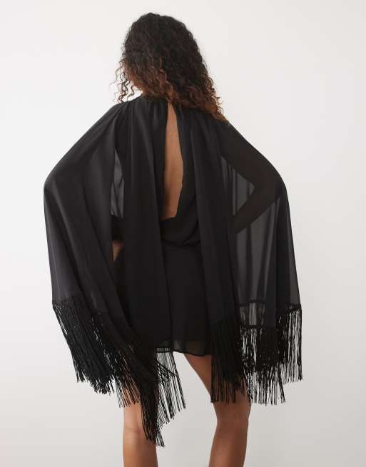ASOS DESIGN Tall robe courte à épaulettes, col à nouer et manches à franges noire, 4 de 4