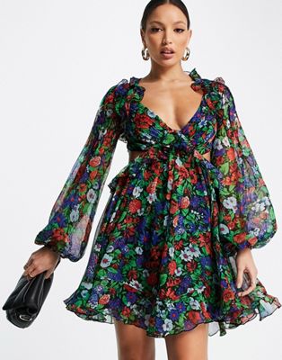 Robes de soirée DESIGN Tall - Robe courte à volants et imprimé floral vintage avec lacets au dos