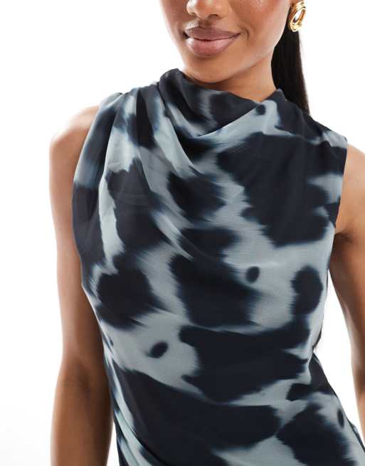 ASOS DESIGN Tall - Robe courte effet drapé en mousseline à imprimé abstrait flouté et col montant, 3 de 4