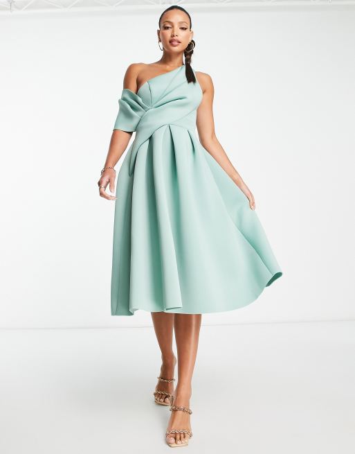 ASOS DESIGN Tall Robe de bal de promo mi longue a epaule asymetrique effet drape Vert sauge givre