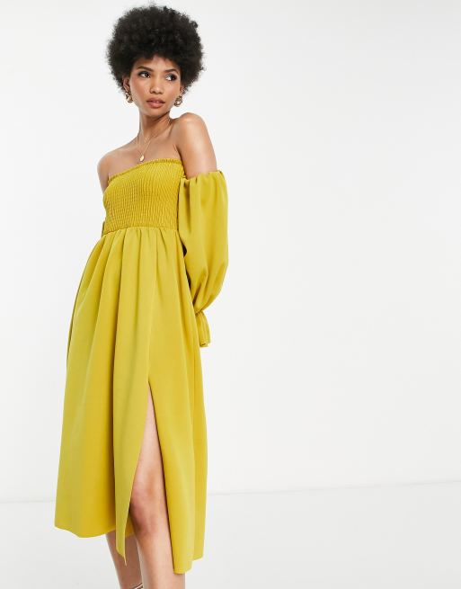 ASOS DESIGN Tall Robe de bal de promo mi longue a fronces avec encolure Bardot et manches blousantes Chartreuse ASOS