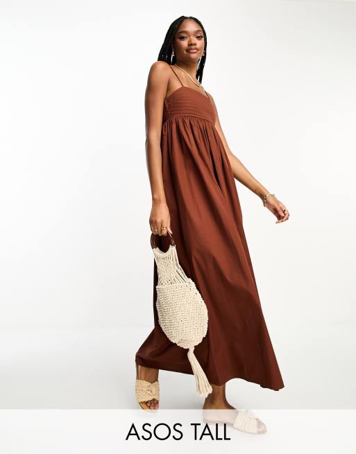 ASOS DESIGN Tall Robe d t babydoll mi longue en coton avec plis sur le buste Chocolat