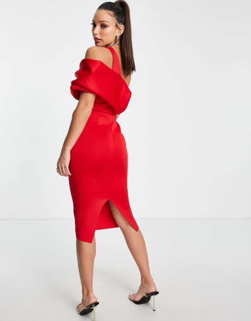 ASOS DESIGN Tall - Robe fourreau mi-longue à nervures et épaule ajourée - Rouge vif, 3 de 4