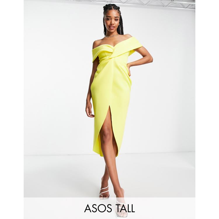 ASOS DESIGN Tall Robe fourreau mi longue effet torsad paules d nud es Jaune citron