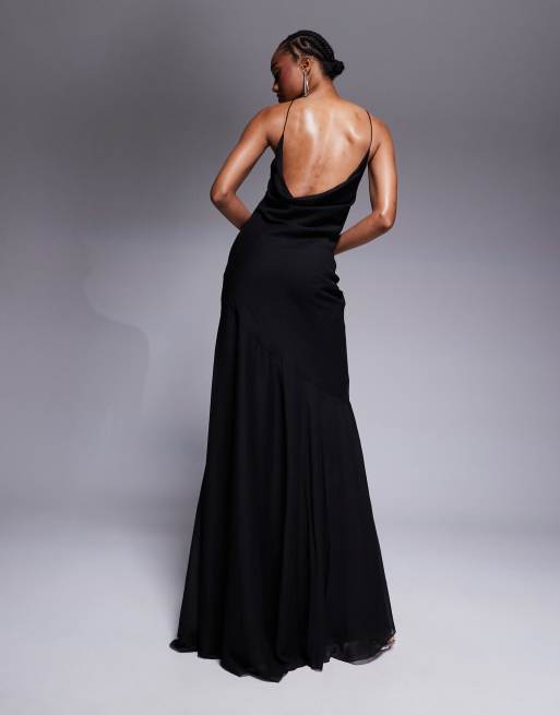 ASOS DESIGN Tall - Robe longue à dos échancré et encolure américaine avec ourlet à volants - Noir, 3 de 4