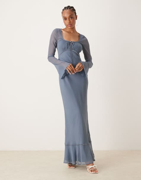 ASOS DESIGN Tall - Robe longue à manches longues et buste froncé - Bleu acier - view 1