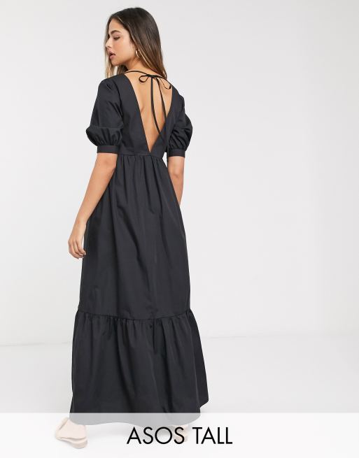 ASOS DESIGN Tall - Robe longue à volants en popeline de coton avec devant et dos en V - Noir