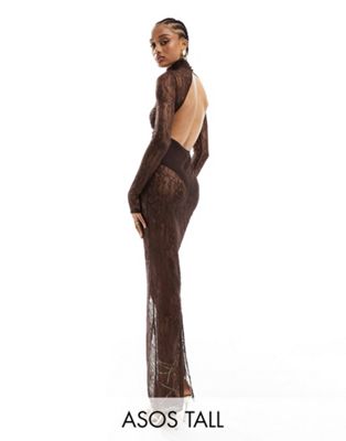ASOS DESIGN Tall lace overlay body maxi dress in chocolate - ASOS Price Checker