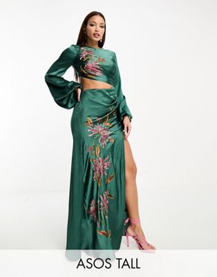 ASOS DESIGN Tall long sleeve cut out bias maxi dress with floral embroidery in forest green - ASOS Price Checker
