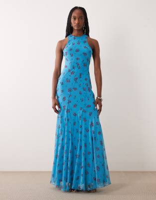 ASOS DESIGN Tall - Robe longue coupée en biais à imprimé fleuri avec encolure américaine et jupe à godets - Bleu-multicolore 46