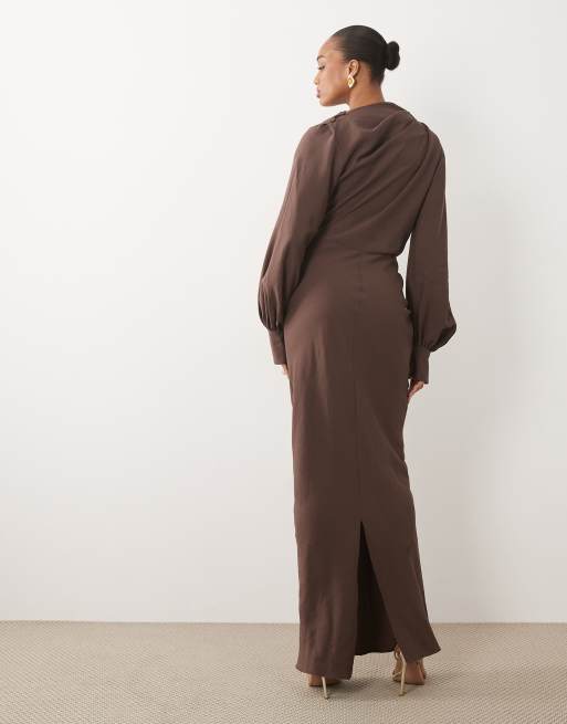 ASOS DESIGN Tall - Robe longue drapée à col montant - Marron, 3 de 4