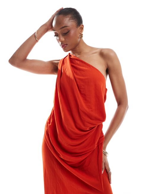 ASOS DESIGN Tall - Robe longue drapée asymétrique en lin stretch - Rouille, 3 de 4