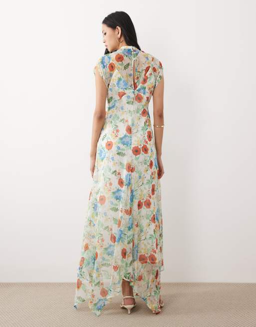ASOS DESIGN Tall - Robe longue en mousseline à col montant et ourlet mouchoir - Citron vert à fleurs, 4 de 4
