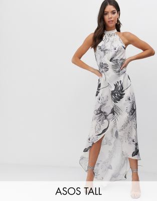 Ton Satin Design Montant En Palmier Longue Avec Sergé Asos Sur Col De TallRobe À Imprimé OPXuTkZi